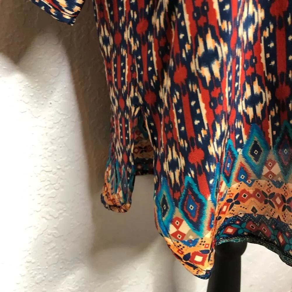 Tolani red blue orange graphic print silk shift dress size Medium